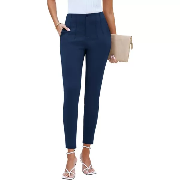 GRAPENT Cropped Pants for Women Dressy Casual High Waisted Pleated Pants Lightweight Stretch Slim Ankle Trousers PantsDark Blue