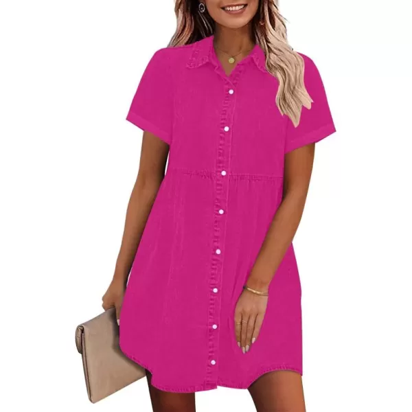GRAPENT Denim Dress for Women Babydoll Tiered Short Sleeve Button Down Jean Shirt DressesHot Pink