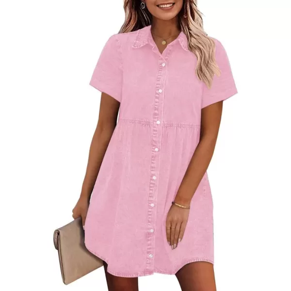 GRAPENT Denim Dress for Women Babydoll Tiered Short Sleeve Button Down Jean Shirt DressesParfait Pink