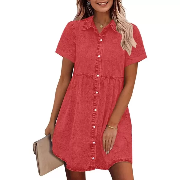 GRAPENT Denim Dress for Women Babydoll Tiered Short Sleeve Button Down Jean Shirt DressesPoppy Red