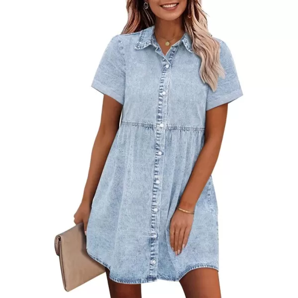 GRAPENT Denim Dress for Women Babydoll Tiered Short Sleeve Button Down Jean Shirt DressesRoadknight Blue