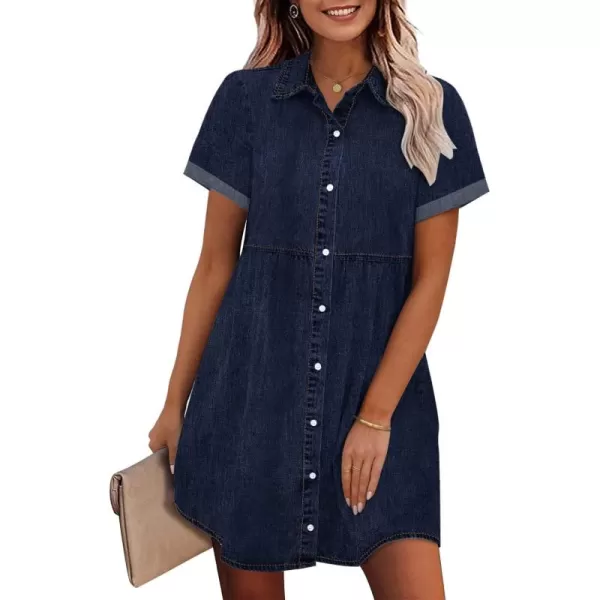 GRAPENT Denim Dress for Women Babydoll Tiered Short Sleeve Button Down Jean Shirt DressesTwilight Blue