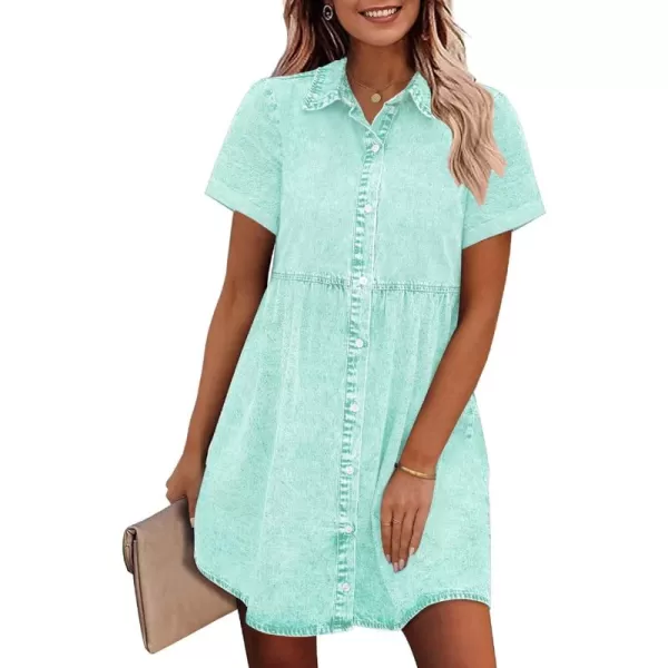 GRAPENT Denim Dress for Women Babydoll Tiered Short Sleeve Button Down Jean Shirt DressesVerdant Green