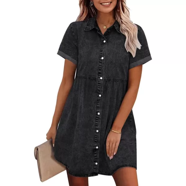 GRAPENT Denim Dress for Women Babydoll Tiered Short Sleeve Button Down Jean Shirt DressesVintage Black