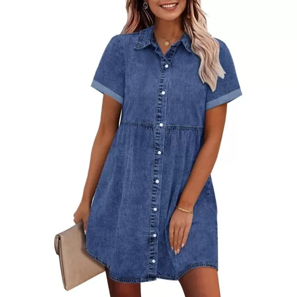 GRAPENT Denim Dress for Women Babydoll Tiered Short Sleeve Button Down Jean Shirt DressesWishful Blue