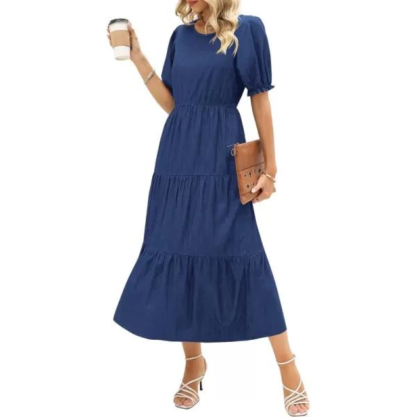 GRAPENT Denim Dress for Women Summer Casual Puff Sleeve Midi Tiered A Line Dresses Elastic Waist Swing Beach DressCobalt Night Blue