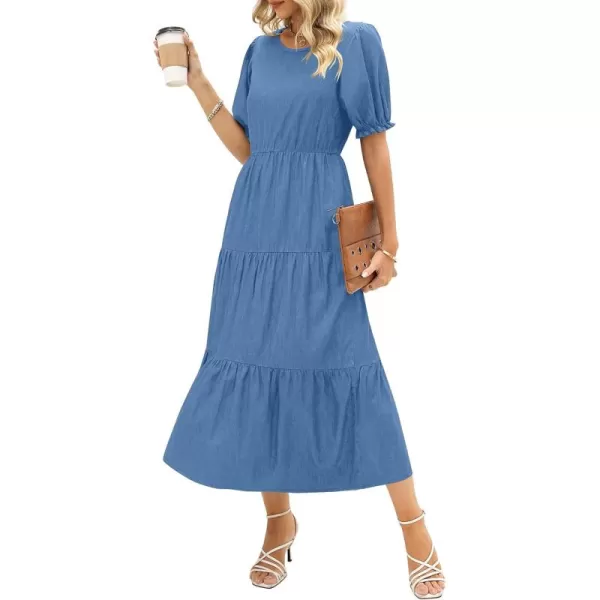 GRAPENT Denim Dress for Women Summer Casual Puff Sleeve Midi Tiered A Line Dresses Elastic Waist Swing Beach DressCool Blue