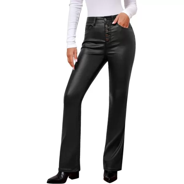 GRAPENT Flare Pants for Women High Wasited Stretchy Faux Leather Look Button Fly Jeans Trendy Bell Bottom TrousersBlack