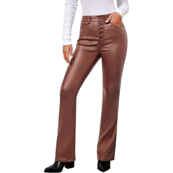 GRAPENT Flare Pants for Women High Wasited Stretchy Faux Leather Look Button Fly Jeans Trendy Bell Bottom TrousersBrown