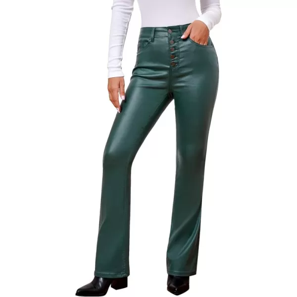GRAPENT Flare Pants for Women High Wasited Stretchy Faux Leather Look Button Fly Jeans Trendy Bell Bottom TrousersDark Green