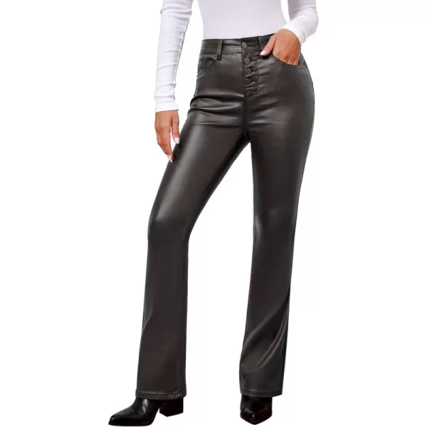 GRAPENT Flare Pants for Women High Wasited Stretchy Faux Leather Look Button Fly Jeans Trendy Bell Bottom TrousersEspresso