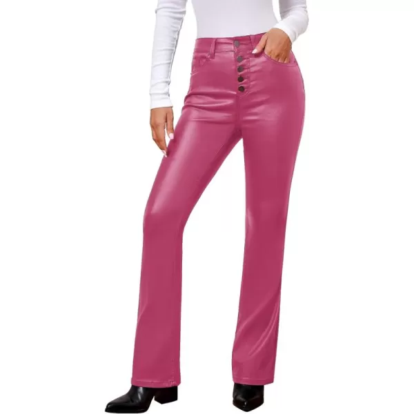 GRAPENT Flare Pants for Women High Wasited Stretchy Faux Leather Look Button Fly Jeans Trendy Bell Bottom TrousersHot Pink