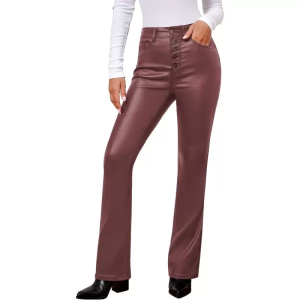 GRAPENT Flare Pants for Women High Wasited Stretchy Faux Leather Look Button Fly Jeans Trendy Bell Bottom TrousersWine Red