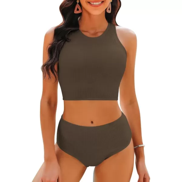 GRAPENT High Waisted Bikini Sets for Women Textured High Neck 2 Piece Swimsuits Racer Back Ribbed Bathing Suits SwimwearCoffee Brown