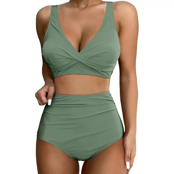 GRAPENT High Waisted Bikini Sets for Women Twist Front Tie Back 2 Piece Bathing Suit V Neck Ruched Swimsuits BikinisArmy Green
