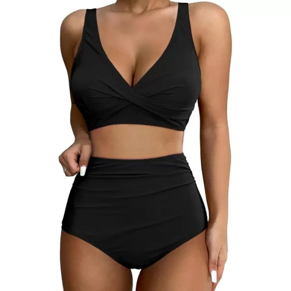 GRAPENT High Waisted Bikini Sets for Women Twist Front Tie Back 2 Piece Bathing Suit V Neck Ruched Swimsuits BikinisBlack