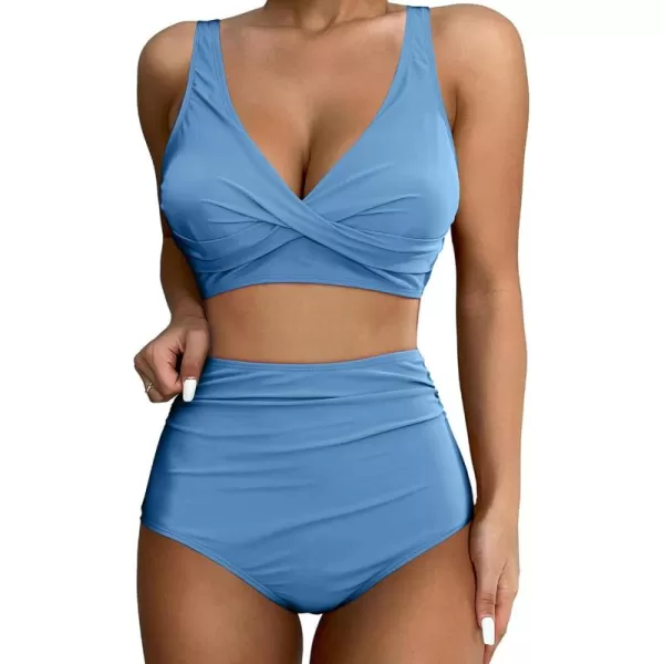 GRAPENT High Waisted Bikini Sets for Women Twist Front Tie Back 2 Piece Bathing Suit V Neck Ruched Swimsuits BikinisGray Blue
