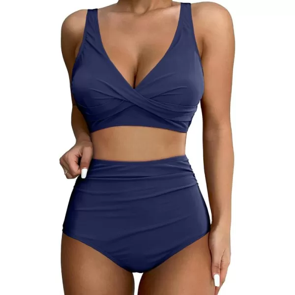 GRAPENT High Waisted Bikini Sets for Women Twist Front Tie Back 2 Piece Bathing Suit V Neck Ruched Swimsuits BikinisNavy Blue