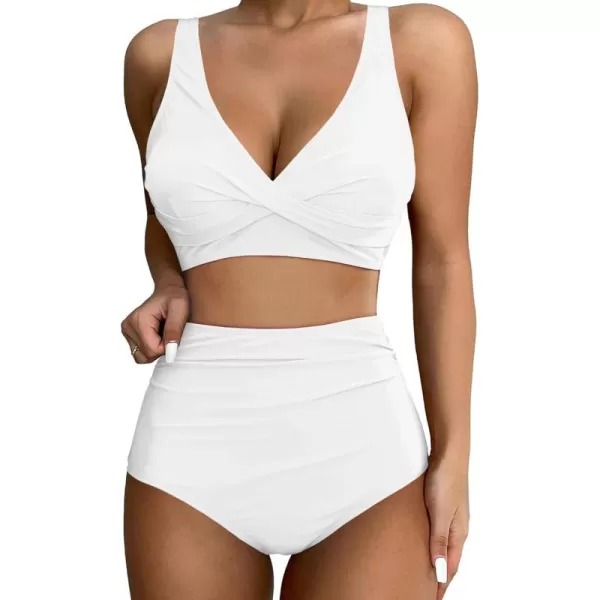 GRAPENT High Waisted Bikini Sets for Women Twist Front Tie Back 2 Piece Bathing Suit V Neck Ruched Swimsuits BikinisWhite