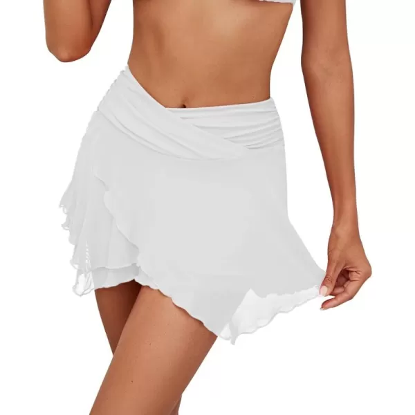GRAPENT Swim Skirt Bottoms for Women Criss Cross High Waisted Bikini Bottom Layered Mesh Flowy Shorts Bathing Suit SkortBrilliant White