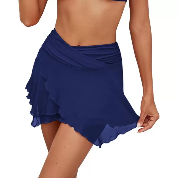 GRAPENT Swim Skirt Bottoms for Women Criss Cross High Waisted Bikini Bottom Layered Mesh Flowy Shorts Bathing Suit SkortNavy Blue