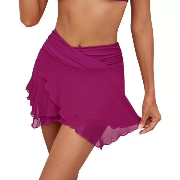 GRAPENT Swim Skirt Bottoms for Women Criss Cross High Waisted Bikini Bottom Layered Mesh Flowy Shorts Bathing Suit SkortRaspberry