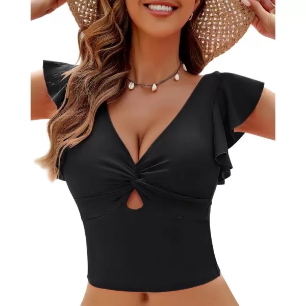 GRAPENT Tankini Tops for Women Swimwear Top Only Ruffle Bathing Suit Cut Out Long Bikini Tops Swimsuit Beach Resort WearBlack