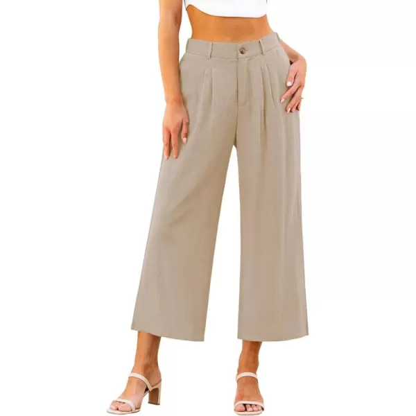 GRAPENT Wide Leg Capri Pants for Women High Waisted Linen Flowy Pleated Capris Cropped Trousers Pants Dressy CasualAlmond