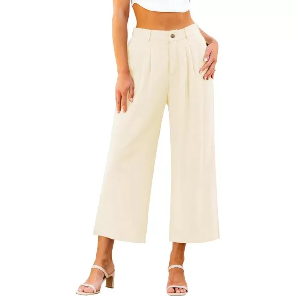 GRAPENT Wide Leg Capri Pants for Women High Waisted Linen Flowy Pleated Capris Cropped Trousers Pants Dressy CasualBeige