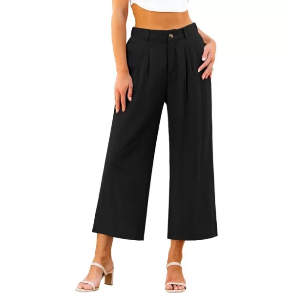 GRAPENT Wide Leg Capri Pants for Women High Waisted Linen Flowy Pleated Capris Cropped Trousers Pants Dressy CasualBlack