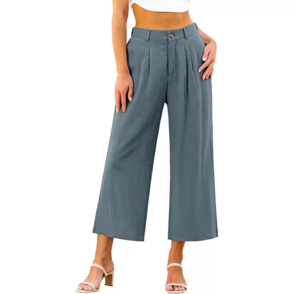 GRAPENT Wide Leg Capri Pants for Women High Waisted Linen Flowy Pleated Capris Cropped Trousers Pants Dressy CasualBlue Gray