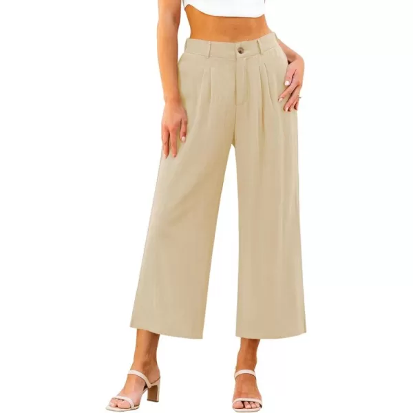 GRAPENT Wide Leg Capri Pants for Women High Waisted Linen Flowy Pleated Capris Cropped Trousers Pants Dressy CasualKhaki