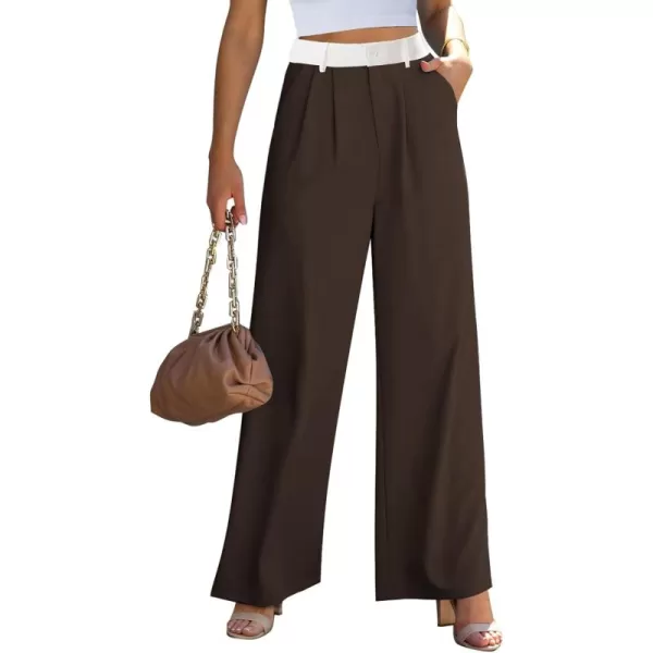 GRAPENT Wide Leg Pants for Women Work Business Casual High Waisted Dressy Pants Flowy Trousers OfficeBrown  White Block