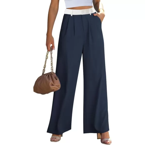 GRAPENT Wide Leg Pants for Women Work Business Casual High Waisted Dressy Pants Flowy Trousers OfficeNavy  White Block