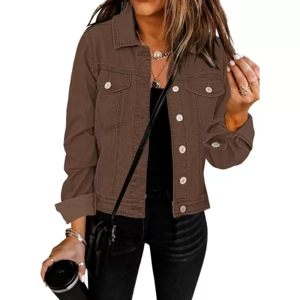 GRAPENT Womens Basic Button Down Long Sleeve Stretchy Jean Trucker Denim JacketMustang Brown