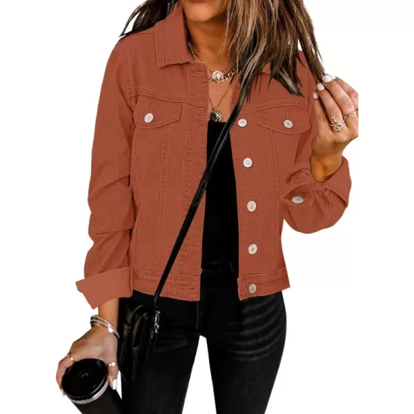 GRAPENT Womens Basic Button Down Long Sleeve Stretchy Jean Trucker Denim JacketOrange Rust