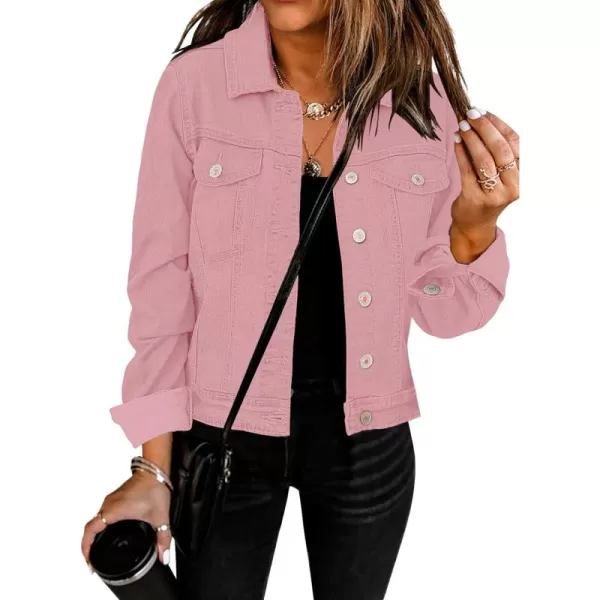 GRAPENT Womens Basic Button Down Long Sleeve Stretchy Jean Trucker Denim JacketPink