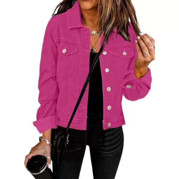 GRAPENT Womens Basic Button Down Long Sleeve Stretchy Jean Trucker Denim JacketRaspberry Rose Pink