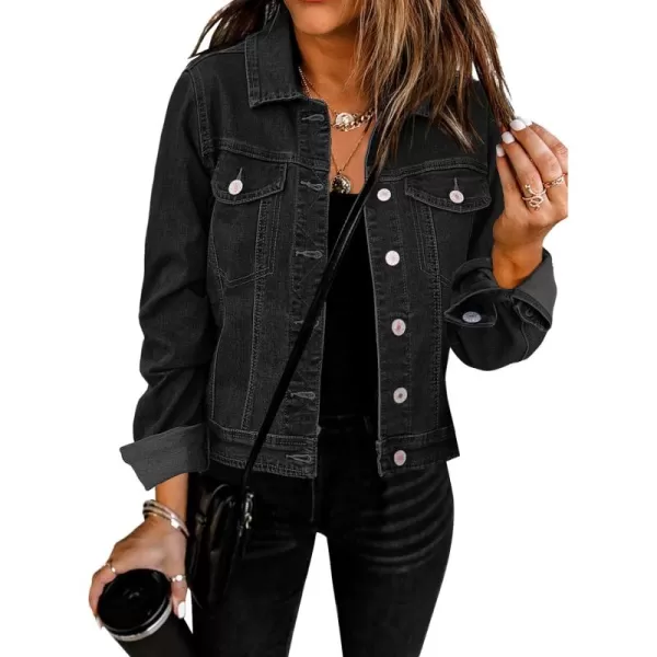 GRAPENT Womens Basic Button Down Long Sleeve Stretchy Jean Trucker Denim JacketVintage Black