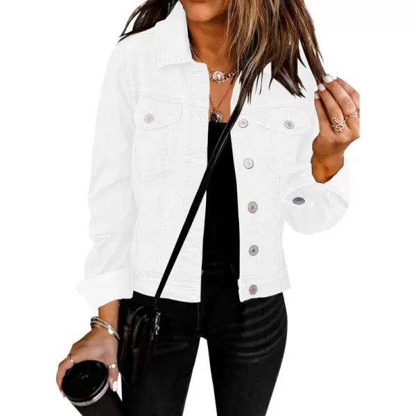 GRAPENT Womens Basic Button Down Long Sleeve Stretchy Jean Trucker Denim JacketWhite
