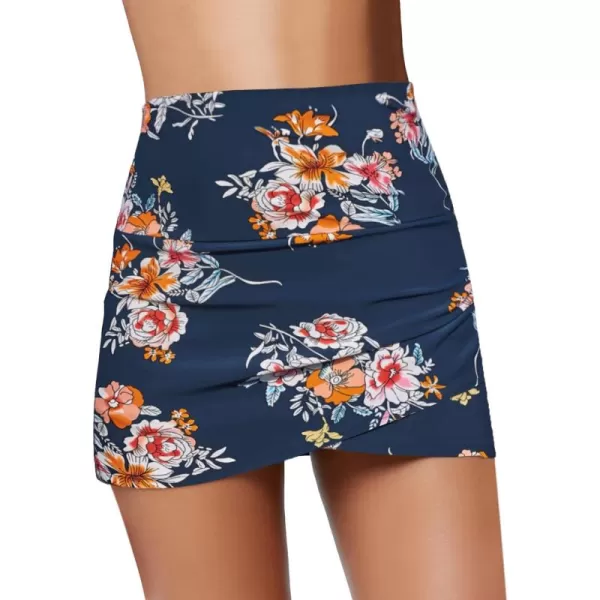 GRAPENT Womens High Waist Tulip Hem Shirring Swim Skirt Swimsuit Bikini BottomA 105 Navy Floral