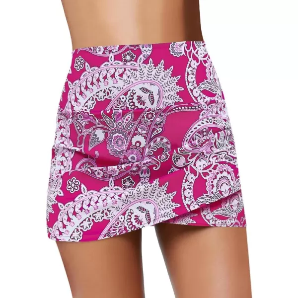 GRAPENT Womens High Waist Tulip Hem Shirring Swim Skirt Swimsuit Bikini BottomHot Pink Paisley