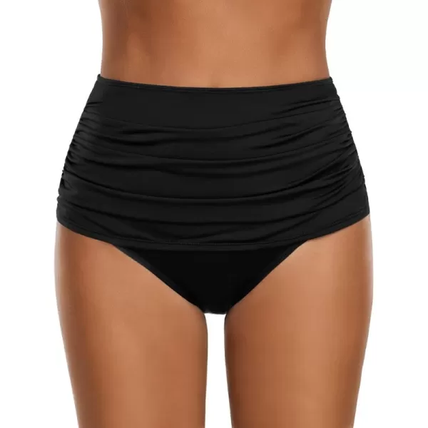 GRAPENT Womens High Waisted Swim Bottom Ruched Bikini Tankini Swimsuit BriefsB Black