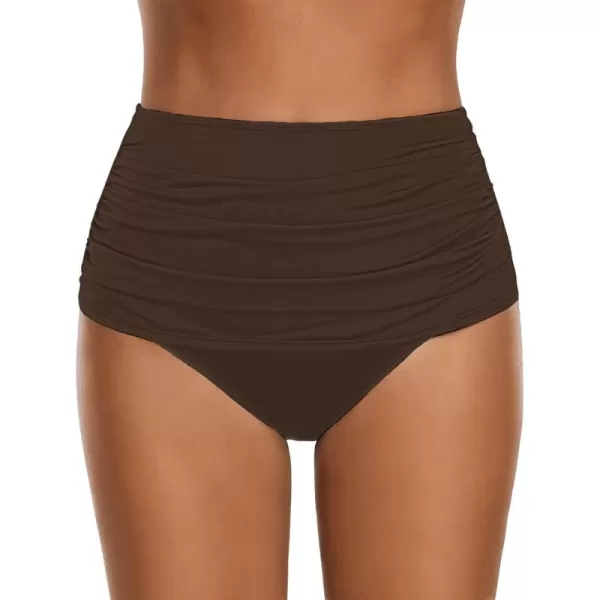 GRAPENT Womens High Waisted Swim Bottom Ruched Bikini Tankini Swimsuit BriefsB Chocolate Brown