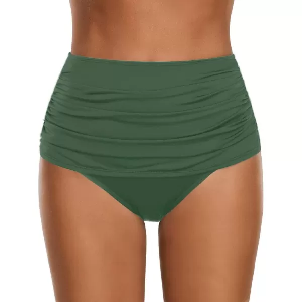 GRAPENT Womens High Waisted Swim Bottom Ruched Bikini Tankini Swimsuit BriefsFoliage Green