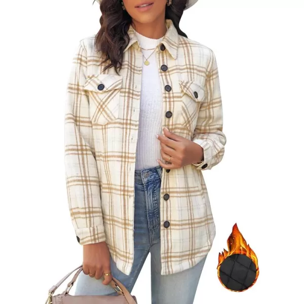 GRAPENT Womens Oversized Plaid Button Down Shirt Quilted Lined Shacket JacketAalmond Cream Plaidquilted Lined