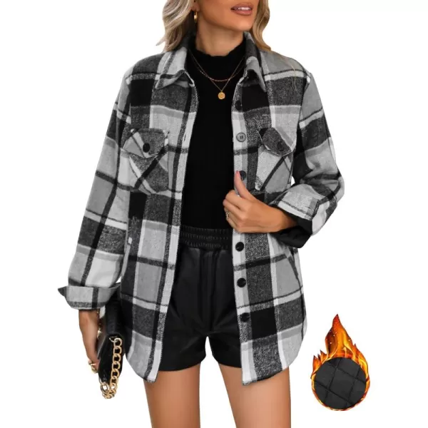 GRAPENT Womens Oversized Plaid Button Down Shirt Quilted Lined Shacket JacketAblack  Gray Plaidquilted Lined
