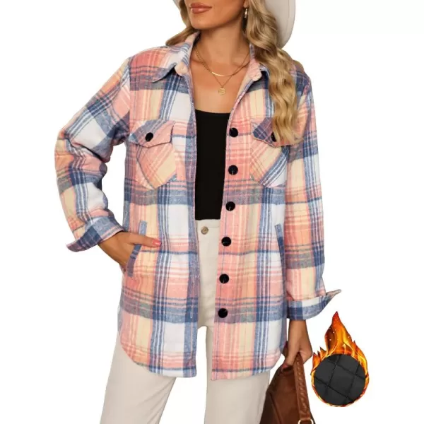 GRAPENT Womens Oversized Plaid Button Down Shirt Quilted Lined Shacket JacketApink  Blue Plaidquilted Lined