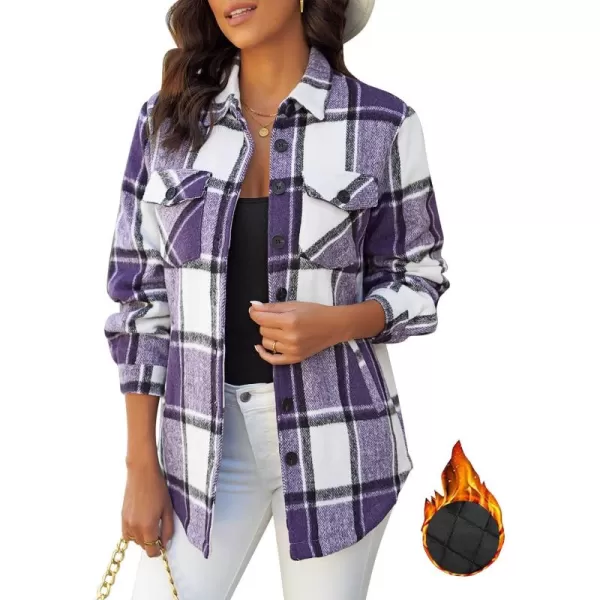 GRAPENT Womens Oversized Plaid Button Down Shirt Quilted Lined Shacket JacketAroyal Purple Plaidquilted Lined