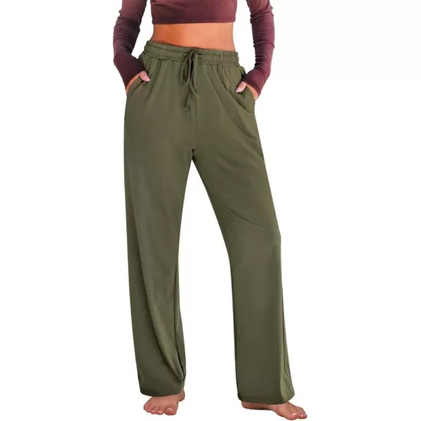 GRAPENT Womens Pants High Waisted Lounge Wide Leg Pull On Casual Drawstring Pj Bottoms Baggy Pajama Pants LoungewearArmy Green